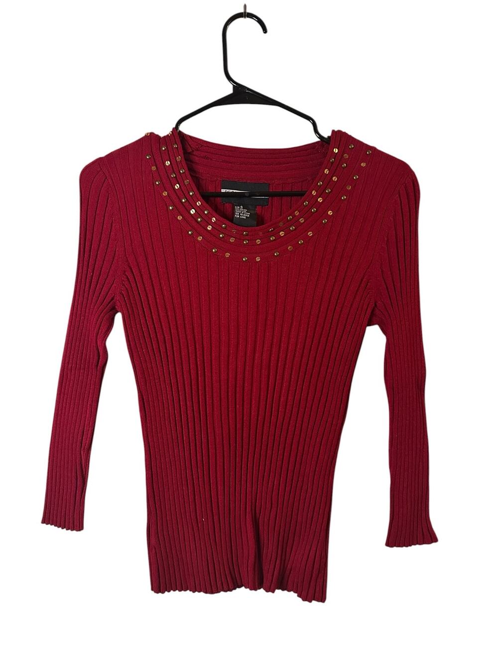 Requirements Red Ribbed Studded Trim Long Sleeve Blouse Women Sz S